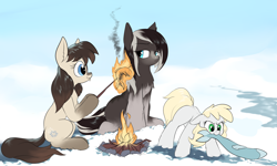 Size: 2996x1798 | Tagged: safe, artist:rocket-lawnchair, oc, oc only, oc:frosty flakes, oc:pine ponder, fish, pony, yakutian horse, campfire, coat markings, female, fire, food, hoof hold, mare, meat, mouth hold, ponies eating meat, snow, snow mare, trio
