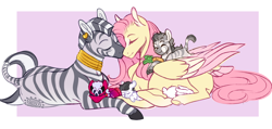 Size: 2100x1000 | Tagged: safe, artist:pinkcattle, angel bunny, fluttershy, zecora, oc, oc:horizon, hybrid, pegasus, pony, rabbit, zebra, zony, g4, adopted offspring, animal, cuddling, ear piercing, earring, eyes closed, family, female, jewelry, lesbian, lying down, magical lesbian spawn, mare, missing cutie mark, neck rings, nuzzling, offspring, parent:fluttershy, parent:zecora, parents:shycora, piercing, prone, quadrupedal, shipping, shycora