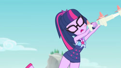Size: 3410x1920 | Tagged: safe, screencap, sci-twi, twilight sparkle, equestria girls, equestria girls series, forgotten friendship, g4, animation error, bare shoulders, clothes, drone, eyes closed, female, geode of telekinesis, glasses, high res, jewelry, magical geodes, necklace, one-piece swimsuit, open mouth, ponytail, sleeveless, solo, swimsuit