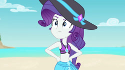 Size: 3410x1920 | Tagged: safe, screencap, rarity, equestria girls, equestria girls specials, g4, my little pony equestria girls: better together, my little pony equestria girls: forgotten friendship, beach, belly button, bikini, clothes, female, geode of shielding, hat, high res, jewelry, magical geodes, midriff, necklace, rarity's blue sarong, rarity's purple bikini, sarong, sleeveless, solo, sun hat, swimsuit