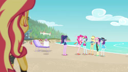 Size: 3410x1920 | Tagged: safe, screencap, applejack, fluttershy, pinkie pie, rainbow dash, rarity, sci-twi, spike, spike the regular dog, sunset shimmer, twilight sparkle, dog, equestria girls, equestria girls specials, g4, my little pony equestria girls: better together, my little pony equestria girls: forgotten friendship, applejack's hat, bare shoulders, beach, beach chair, belly button, bikini, chair, clothes, cowboy hat, eyes closed, female, geode of fauna, geode of shielding, geode of sugar bombs, geode of super speed, geode of super strength, glasses, grin, hairpin, hand on hip, hat, high res, humane five, humane seven, humane six, jewelry, magical geodes, male, midriff, necklace, ponytail, sandals, sleeping, sleeveless, smiling, swimsuit