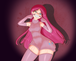 Size: 1500x1197 | Tagged: safe, artist:inkypuso, pinkie pie, human, g4, alternate hairstyle, clothes, evening gloves, female, gloves, grin, humanized, long gloves, pinkamena diane pie, sleeveless, sleeveless sweater, smiling, socks, solo, stockings, sweater, thigh highs