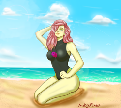 Size: 1280x1143 | Tagged: safe, artist:inkypuso, fluttershy, equestria girls, g4, alternate hairstyle, barefoot, beach, breasts, busty fluttershy, clothes, feet, hair over one eye, ocean, sand, solo, swimsuit, water