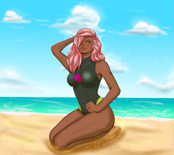 Size: 1065x951 | Tagged: safe, alternate version, artist:inkypuso, fluttershy, human, g4, alternate hairstyle, barefoot, beach, breasts, busty fluttershy, clothes, dark skin, feet, hair over one eye, humanized, ocean, sand, solo, swimsuit, water