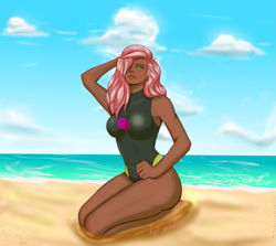 Size: 1065x951 | Tagged: safe, alternate version, artist:inkypuso, fluttershy, human, g4, alternate hairstyle, barefoot, beach, breasts, busty fluttershy, clothes, dark skin, feet, hair over one eye, humanized, ocean, outdoors, sand, solo, swimsuit, water