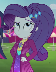 Size: 532x682 | Tagged: safe, screencap, rarity, sci-twi, twilight sparkle, human, equestria girls, g4, inclement leather, my little pony equestria girls: better together, my little pony equestria girls: choose your own ending, confused, cropped, female, frown, hair accessory, hand on hip, looking up, raised eyebrow, suede jacket