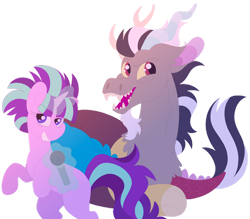 Size: 1280x1120 | Tagged: safe, artist:lepoppeta, discord, starlight glimmer, draconequus, pony, unicorn, g4, alternate hairstyle, beard, duo, duo male and female, eyebrows, eyebrows visible through hair, facial hair, fangs, female, glowing, glowing horn, grin, horn, magic, magic aura, male, mane, mare, microphone, open mouth, open smile, rearing, reflection, s5 starlight, ship:starcord, shipping, simple background, singing, smiling, smirk, straight, telekinesis, transparent background, white hair