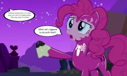 Size: 1154x692 | Tagged: safe, artist:14oliverhedgehog, artist:barrelslover, pinkie pie, earth pony, pony, g4, magical mystery cure, season 3, female, living latex, living suit, mare, open mouth, raised leg, remake, symbiote, venom