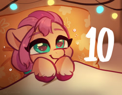 Size: 1640x1277 | Tagged: safe, artist:oofycolorful, part of a set, sunny starscout, earth pony, pony, g5, 10, bed, bust, countdown, cute, female, filly, filly sunny starscout, floppy ears, pillow, portrait, smiling, solo, string lights, sunnybetes, younger