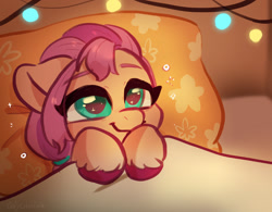 Size: 1640x1277 | Tagged: safe, alternate version, artist:oofycolorful, part of a set, sunny starscout, earth pony, pony, g5, bed, bust, cute, female, filly, filly sunny starscout, floppy ears, pillow, portrait, smiling, solo, string lights, sunnybetes, textless version, younger