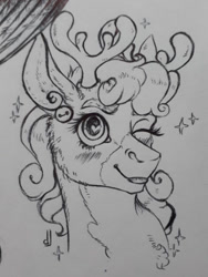 Size: 812x1080 | Tagged: safe, artist:skior, alice the reindeer, deer, reindeer, g4, bust, monochrome, one eye closed, portrait, solo, traditional art, wink