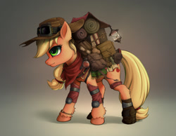 Size: 1280x995 | Tagged: safe, artist:zetamad, applejack, earth pony, pony, g4, backpack, bag, bracelet, clothes, ear fluff, explorer outfit, freckles, hoof fluff, jewelry, lantern, potion, saddle bag, scroll, solo, standing, unshorn fetlocks