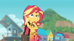 Size: 3410x1920 | Tagged: safe, screencap, sunset shimmer, equestria girls, equestria girls specials, g4, my little pony equestria girls: better together, my little pony equestria girls: forgotten friendship, bare shoulders, beach, belly button, bikini, clothes, crossed arms, cutie mark, cutie mark on clothes, female, geode of empathy, high res, jewelry, magical geodes, midriff, necklace, purse, sarong, sleeveless, smiling, solo, swimsuit