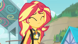 Size: 3410x1920 | Tagged: safe, screencap, sunset shimmer, equestria girls, equestria girls specials, g4, my little pony equestria girls: better together, my little pony equestria girls: forgotten friendship, bare shoulders, beach, belly button, bikini, clothes, cutie mark, cutie mark on clothes, eyes closed, female, geode of empathy, high res, jewelry, magical geodes, midriff, necklace, sarong, sleeveless, solo, swimsuit