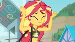 Size: 3410x1920 | Tagged: safe, screencap, sunset shimmer, equestria girls, equestria girls series, forgotten friendship, g4, armpits, bare shoulders, beach, belly button, bikini, clothes, cutie mark, cutie mark on clothes, eyes closed, female, geode of empathy, high res, jewelry, magical geodes, midriff, necklace, sarong, sleeveless, solo, swimsuit