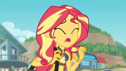 Size: 3410x1920 | Tagged: safe, screencap, sunset shimmer, equestria girls, equestria girls series, forgotten friendship, g4, bare shoulders, beach, belly button, bikini, clothes, cutie mark, cutie mark on clothes, eyes closed, female, geode of empathy, high res, jewelry, magical geodes, midriff, necklace, open mouth, sarong, sleeveless, solo, swimsuit