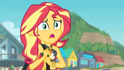 Size: 3410x1920 | Tagged: safe, screencap, sunset shimmer, equestria girls, equestria girls specials, g4, my little pony equestria girls: better together, my little pony equestria girls: forgotten friendship, bare shoulders, beach, belly button, bikini, clothes, cutie mark, cutie mark on clothes, female, geode of empathy, high res, jewelry, magical geodes, midriff, necklace, open mouth, sarong, sleeveless, solo, swimsuit
