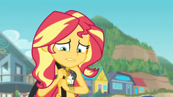 Size: 3410x1920 | Tagged: safe, screencap, sunset shimmer, equestria girls, equestria girls series, forgotten friendship, g4, bare shoulders, beach, belly button, bikini, clothes, cutie mark, cutie mark on clothes, female, geode of empathy, high res, jewelry, lip bite, magical geodes, midriff, necklace, sarong, sleeveless, solo, swimsuit