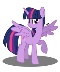 Size: 2273x2750 | Tagged: safe, artist:banquo0, twilight sparkle, alicorn, pony, g4, female, high res, horn, mare, raised hoof, shadow, simple background, smiling, solo, spread wings, transparent background, twilight sparkle (alicorn), wings