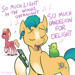 Size: 2048x2048 | Tagged: safe, artist:pfeffaroo, hitch trailblazer, songbird serenade, sprout cloverleaf, bird, earth pony, pony, g4, g5, my little pony: the movie, cellphone, critter magnet, duo, earbuds, high res, male, phone, rainbow (song), singing, smartphone, stallion