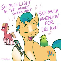 Size: 2048x2048 | Tagged: safe, artist:pfeffaroo, hitch trailblazer, songbird serenade, sprout cloverleaf, bird, earth pony, pony, g4, g5, my little pony: the movie, cellphone, critter magnet, duo, earbuds, high res, male, misheard lyrics, phone, rainbow (song), singing, smartphone, stallion