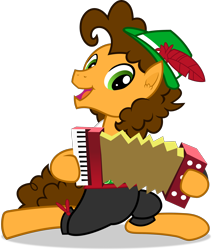 Size: 2412x2841 | Tagged: safe, artist:frownfactory, cheese sandwich, earth pony, pony, g4, pinkie pride, accordion, brown mane, clothes, ear fluff, feather, green eyes, hat, high res, lederhosen, male, musical instrument, oktoberfest, open mouth, open smile, shadow, simple background, smiling, solo, stallion, transparent background, vector