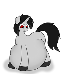 Size: 884x1002 | Tagged: safe, artist:piioniic, oc, oc only, oc:tough fog, pony, unicorn, belly, belly on floor, big belly, colored hooves, ear fluff, horn, huge belly, implied vore, large belly, male, red eyes, shadow, simple background, smiling, solo, stallion, transparent background, unicorn oc, vore