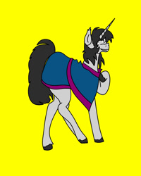 Size: 800x1000 | Tagged: safe, artist:tough-fog, oc, oc only, oc:tough fog, pony, unicorn, clothes, cocky, digital art, ear tufts, hoof on chest, horn, male, simple background, stallion, unicorn oc, yellow background