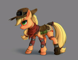 Size: 2600x2020 | Tagged: safe, artist:zetamad, applejack, earth pony, pony, g4, alternate clothes, clothes, ear fluff, female, freckles, gray background, green eyes, high res, hoof fluff, leg fluff, mare, saddle, shadow, simple background, solo, standing, unshorn fetlocks