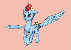 Size: 4093x2894 | Tagged: safe, artist:koshakevich, rainbow dash, pegasus, pony, g4, the last problem, female, flying, high res, looking at you, mare, older, older rainbow dash, one ear down, pink background, simple background, smiling, solo, spread wings, wings