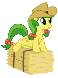 Size: 5603x7592 | Tagged: safe, artist:third uncle, edit, apple fritter, earth pony, pony, g4, absurd resolution, apple family member, bow, cowboy hat, cute, female, fritterbetes, green eyes, grin, hair bow, hat, hay bale, mare, pose, simple background, smiling, tail bow, transparent background