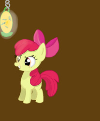 Size: 559x676 | Tagged: safe, artist:oatmealareyoucrazyy, apple bloom, earth pony, pony, g4, apple bloom's bow, bow, brown background, evil, female, filly, grin, hair bow, lantern, orange eyes, simple background, smiling, solo, standing
