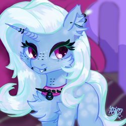 Size: 3000x3000 | Tagged: safe, artist:umbrapone, trixie, pony, unicorn, g4, blue coat, bridge piercing, cheek fluff, cheek piercing, chest fluff, coat markings, collar, dappled, detailed background, ear fluff, ear piercing, facial piercing, fangs, freckles, goth, high res, horn, horn ring, ladder piercing, lip piercing, lip ring, looking at you, missing accessory, missing cutie mark, neck piercing, piercing, purple eyes, ring, shoulder fluff, snake bites, solo, spiked collar