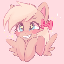 Size: 800x800 | Tagged: safe, artist:valeria_fills, oc, oc only, pegasus, pony, blush sticker, blushing, bow, bust, cheek fluff, hair bow, happy, hooves together, pink background, simple background, smiling, solo, spread wings, starry eyes, wingding eyes, wings