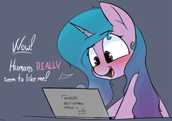 Size: 2771x1949 | Tagged: safe, artist:pinkberry, izzy moonbow, pony, unicorn, g5, blushing, computer, female, implied porn, laptop computer, simple background, solo, speech, talking, text