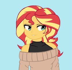 Size: 1601x1536 | Tagged: safe, artist:artevi, sunset shimmer, equestria girls, g4, blue background, clothes, female, simple background, solo, sweater