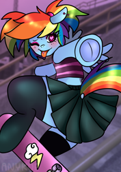Size: 2480x3508 | Tagged: safe, artist:anykoe, rainbow dash, human, pegasus, semi-anthro, g4, ;p, arm hooves, blushing, clothes, cooler, dock, ear piercing, frog (hoof), heart eyes, high res, humanized, long socks, midriff, one eye closed, piercing, pigtails, short shirt, skateboard, skirt, socks, solo, tail, tank top, thigh highs, tongue out, tongue piercing, underhoof, wingding eyes