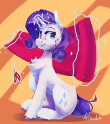 Size: 944x1062 | Tagged: safe, artist:anticular, rarity, pony, unicorn, g4, abstract background, chest fluff, fabric, female, glowing, glowing horn, horn, magic, mare, scissors, sitting, smiling, solo, telekinesis
