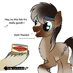 Size: 1648x1646 | Tagged: safe, artist:dyonys, oc, oc:blizzard, oc:ice shard, yakutian horse, cute, fluffy, food, headband, hooves, male, meme, stallion, surströmming, text, this will end in pain, this will end in sickness, to be continued, to be continued (meme)