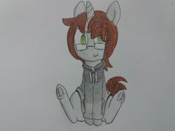 Size: 2064x1548 | Tagged: safe, artist:cherro, oc, oc only, oc:drawing ink, pony, unicorn, :3, clothes, glasses, hoodie, solo, traditional art