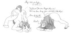 Size: 2965x1370 | Tagged: safe, artist:tough-fog, oc, oc:mystic figure, oc:tough fog, earth pony, pony, unicorn, black and white, dialogue, digital art, face down ass up, grayscale, jack-o challenge, meme, monochrome, original character do not steal, rule 63, unshorn fetlocks