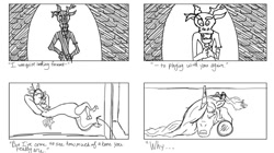 Size: 1080x606 | Tagged: safe, artist:jen seggio, discord, princess celestia, journey of the spark, g4, monochrome, storyboard