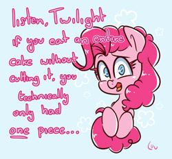Size: 1500x1394 | Tagged: safe, artist:lou, pinkie pie, earth pony, pony, g4, dialogue, implied twilight sparkle, offscreen character, solo