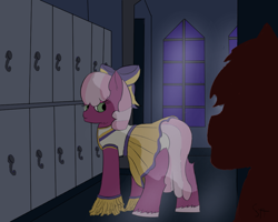 Size: 1000x800 | Tagged: safe, alternate version, artist:schumette14, cheerilee, earth pony, pony, g4, butt, cheerileeder, cheerleader, clothes, flowerbutt, locker room, lockers, looking back, panties, plot, underwear