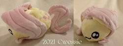 Size: 1320x492 | Tagged: safe, artist:cwossie, fluttershy, pegasus, pony, g4, bean, chibi, collage, cute, cutie mark, fluttershy plushie, irl, no legs, owo, photo, plushie, shyabetes, smol, solo