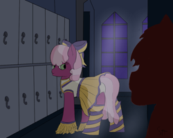 Size: 1000x800 | Tagged: safe, alternate version, artist:schumette14, cheerilee, earth pony, pony, g4, butt, cheerileeder, cheerleader, clothes, flowerbutt, locker room, lockers, looking back, night, panties, plot, socks, striped socks, underwear