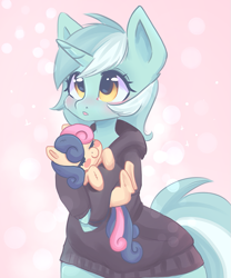 Size: 667x800 | Tagged: safe, artist:valeria_fills, bon bon, lyra heartstrings, sweetie drops, unicorn, semi-anthro, adorabon, blush sticker, blushing, bottomless, clothes, cute, dig the swell hoodie, eyes closed, female, hoodie, lyrabetes, partial nudity, plushie, toy
