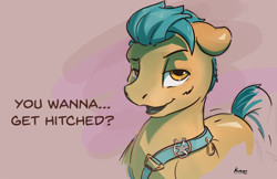 Size: 1328x859 | Tagged: safe, artist:kam, hitch trailblazer, earth pony, pony, g5, bedroom eyes, dialogue, floppy ears, looking at you, male, open mouth, open smile, pickup lines, pun, smiling, solo, stallion, talking to viewer, text