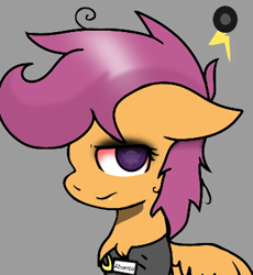 Size: 348x378 | Tagged: safe, artist:taeko, scootaloo, pony, fanfic:pegasus device, fanfic:rainbow factory, g4, absentia, absentia's cutie mark, alternate cutie mark, alternate ending, alternate universe, bad shading, black eyeshadow, bloodshot eyes, chest fluff, clothes, curly mane, evil, evil scootaloo, eviloo, eyeshadow, factory scootaloo, fanart, fanfic art, female, filly, floppy ears, frown, good end?, gray background, hoodie, looking at you, makeup, mare, messy mane, name tag, purple eye, purple eyes, purple mane, rainbow factory logo, rainbow factory scootaloo, rainbow factory worker, rainbow factory worker scootaloo, simple background, small wings, solo, wings, zipper