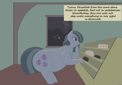 Size: 2949x2064 | Tagged: safe, artist:lupin quill, marble pie, earth pony, pony, series:marble size (weight gain), g4, belly, big belly, butt, cake, chubby cheeks, eating, fat, fat fetish, fetish, food, high res, kitchen eyes, large butt, marble pudge, narration, night, plot, this will end in weight gain, weight gain sequence, window